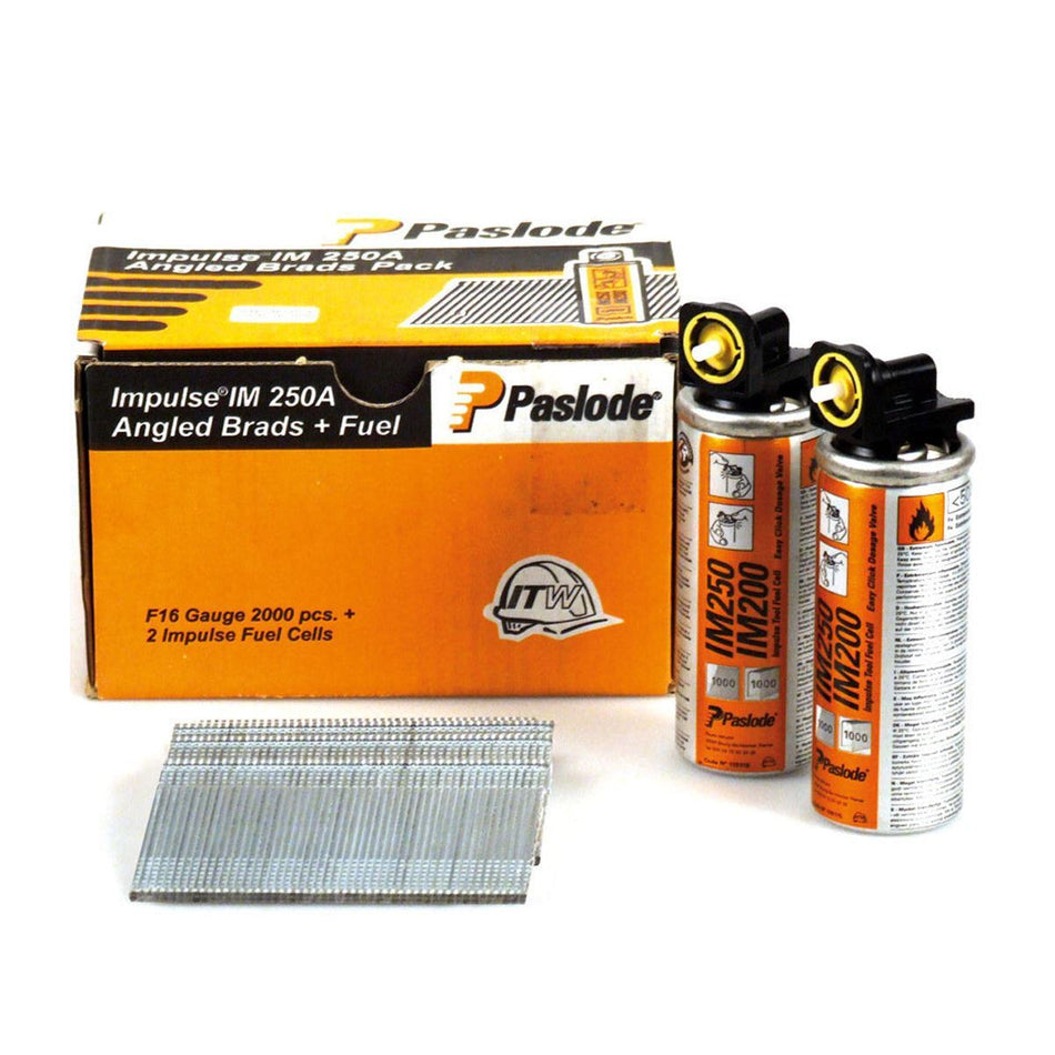 Paslode IM65A 38mm 16 Gauge 2000 Angled Electro Galvanised Brad Nails With 2 Fuel Cells 300271