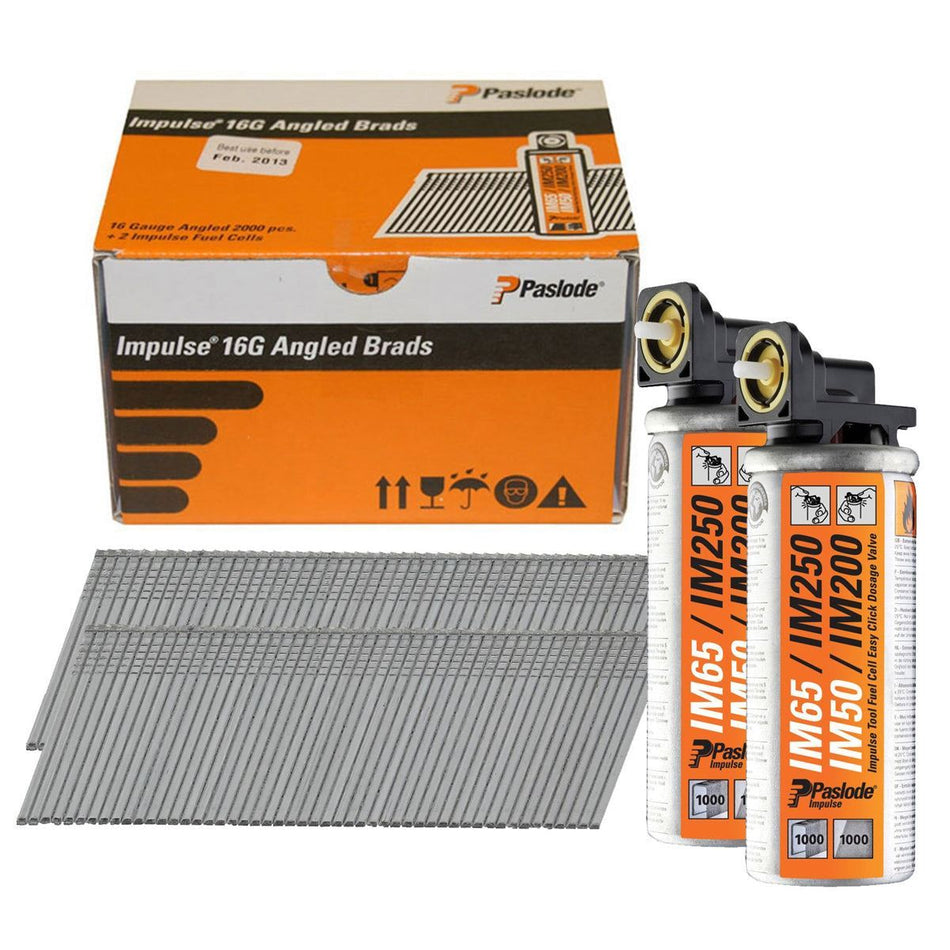 Paslode IM65A 51mm 16 Gauge 2000 Angled Electro Galvanised Brad Nails With 2 Fuel Cells 300273