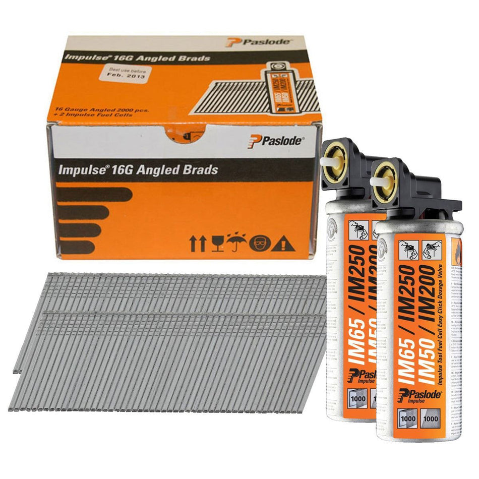 Paslode IM65A 63mm 16 Gauge 2000 Angled Electro Galvanised Brad Nails With 2 Fuel Cells 300274