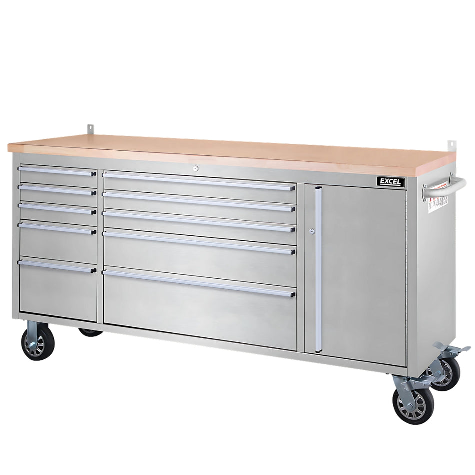Excel 78" 10 Drawer Stainless Steel Roller Cabinet & Heavy Duty Workbench