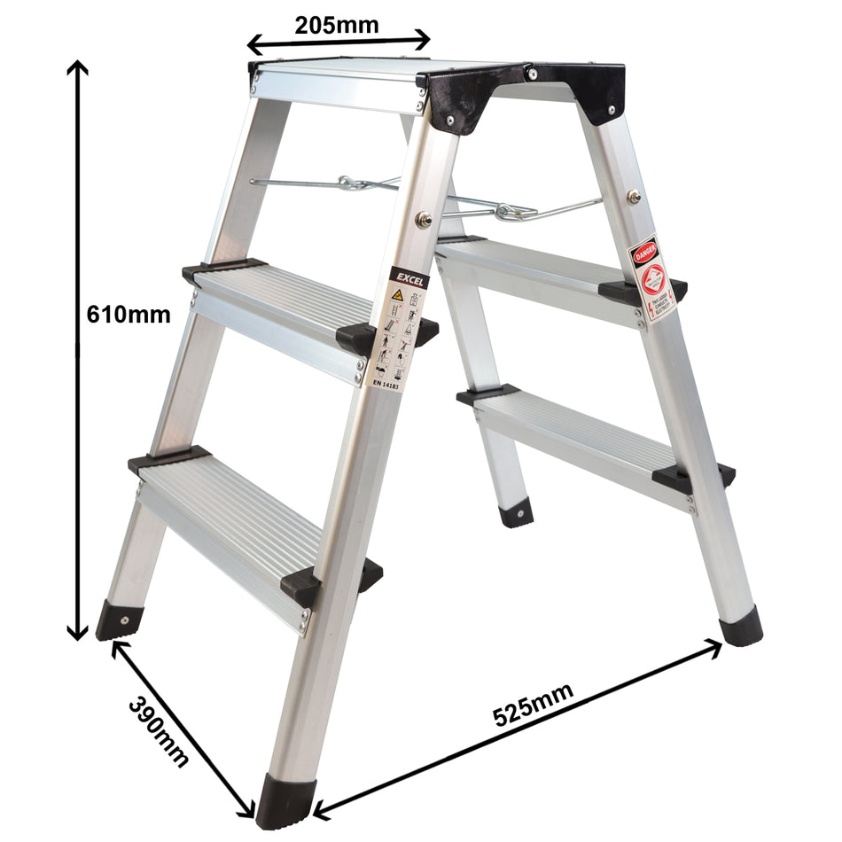 Excel Aluminium Stool Ladder 3 Tread Heavy Duty Folding Hop Up 610mm x 390mm