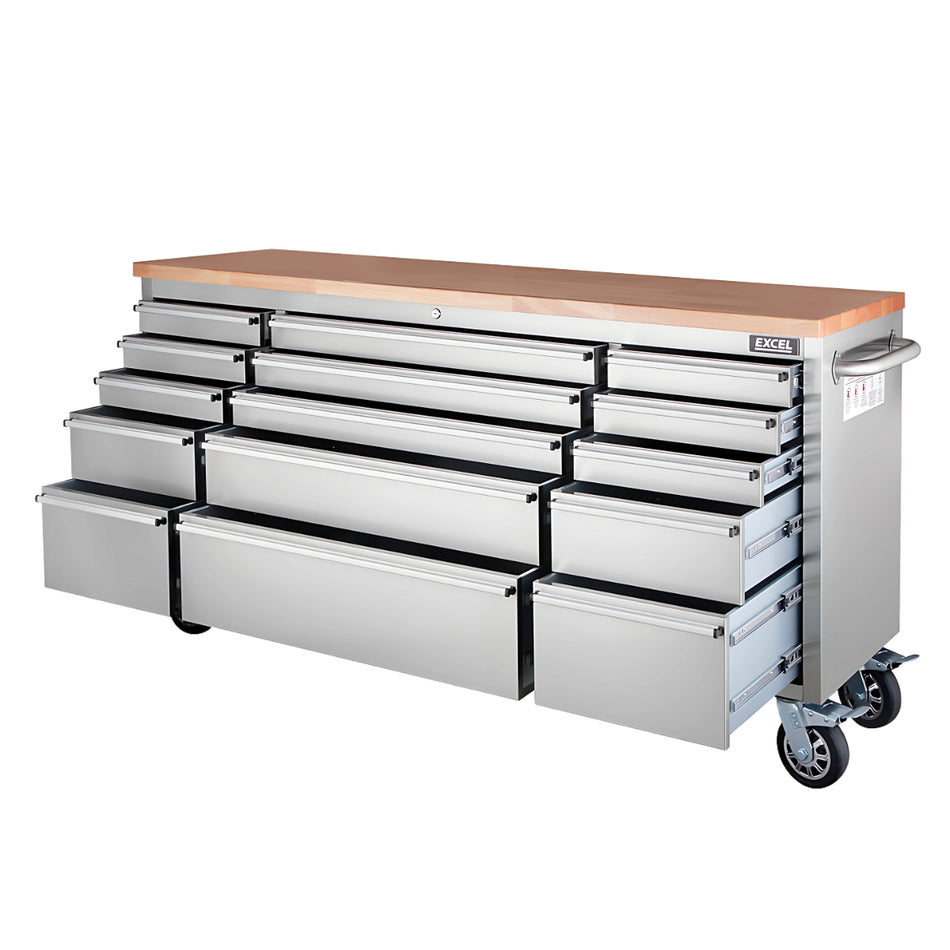 Excel 78" 15 Drawer Stainless Steel Tool Chest Professional Storage Solution