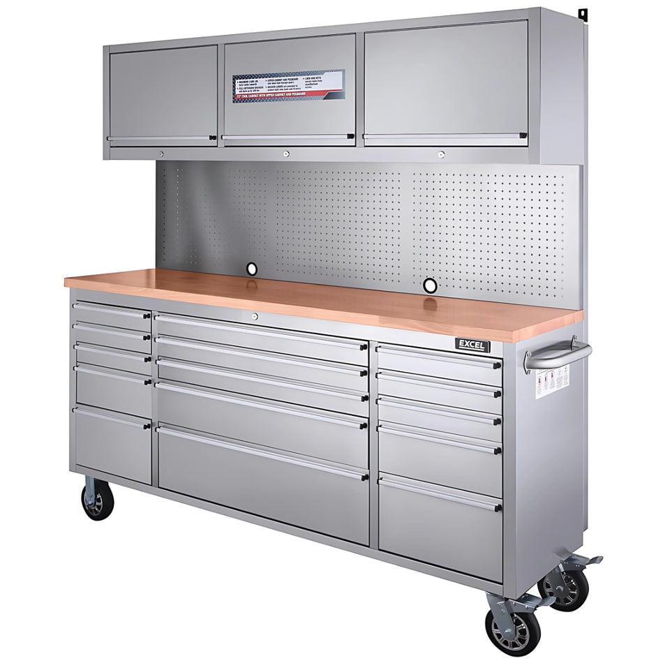 Excel 75inch (1910mm) 15-Drawer Stainless Steel Tool Chest with 3 Overhead Cabinets