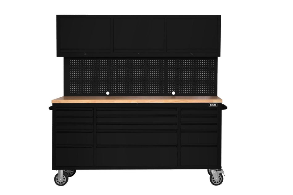 Excel 72" 15 Drawer Stainless Steel Tool Chest with 3 Overhead Cabinets Black