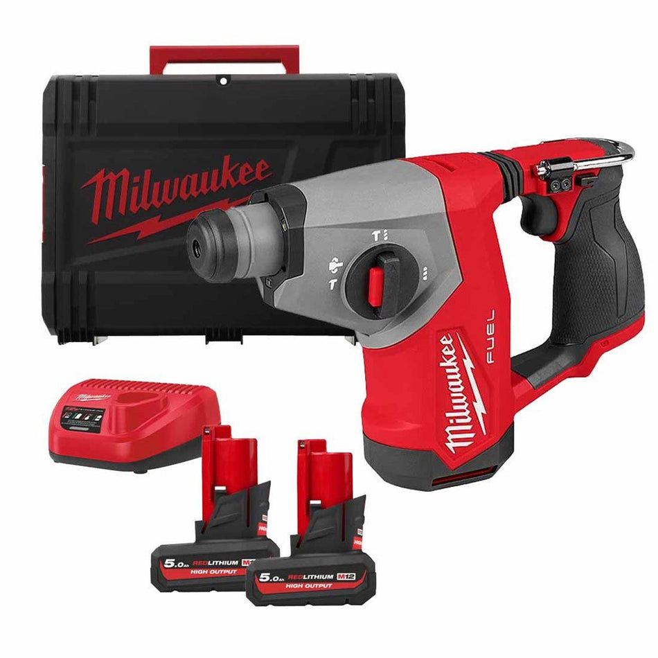 Milwaukee M12FHAC16-502X 12V Brushless 16mm SDS+ Hammer Drill with 2 x 5.0Ah Battery Charger & Case 4933499186