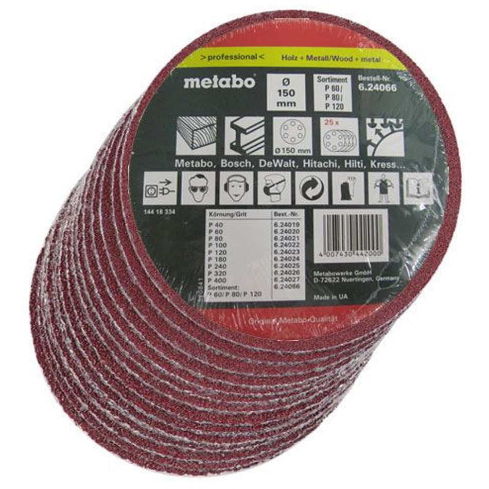 Metabo 624066000 150mm Orbital Hook & Loop Assorted Sanding Sheets Pack of 25