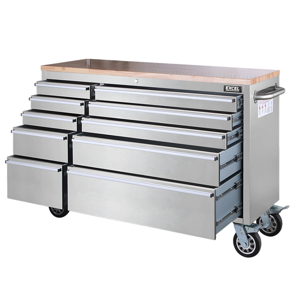 Excel 58" 10 Drawer Stainless Steel Roller Tool Cabinet & Workbench