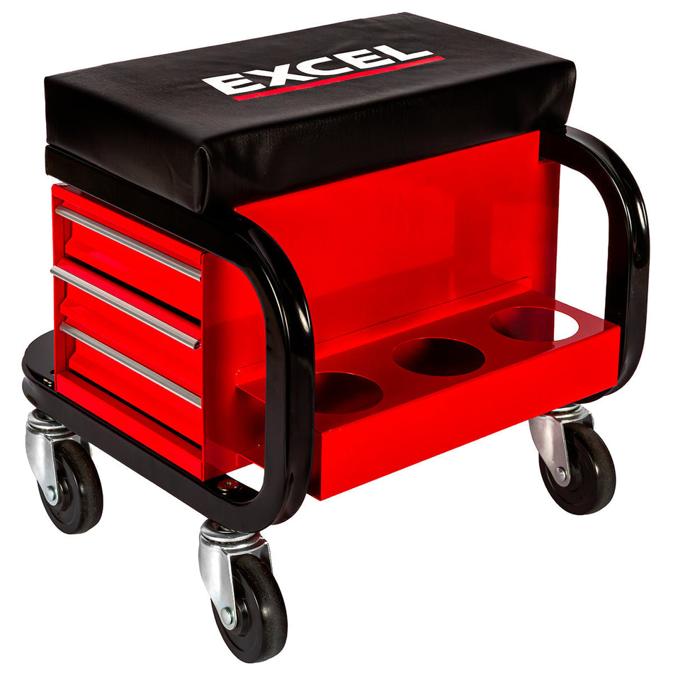 Excel Utility Seat with Toolbox – Padded Rolling Work Stool with 3 Drawers, Can Holders & 150kg Load Capacity