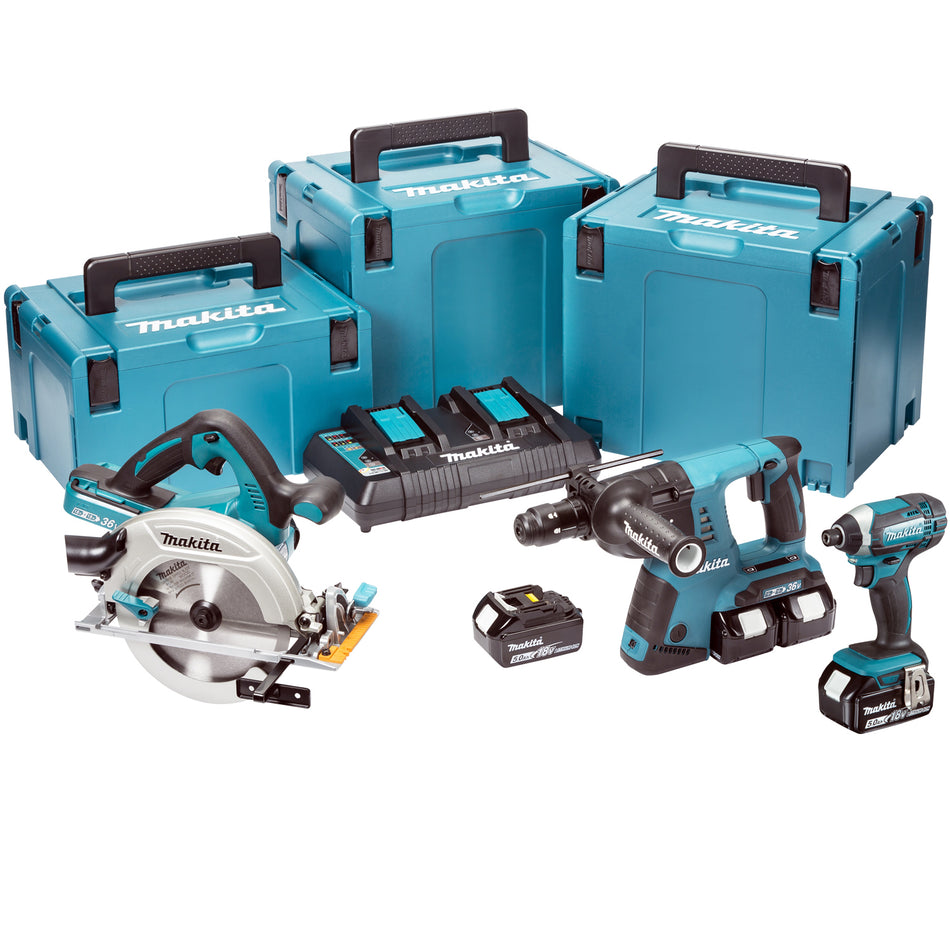 Makita DLX3049PTJ 18V LXT 3 Piece Combo Kit With 4 x 5.0Ah Batteries, Charger & Cases