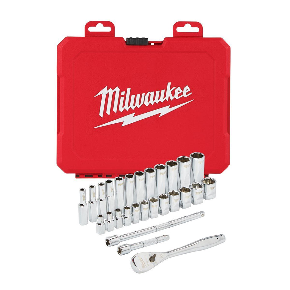 Milwaukee 1/4" Drive Ratchet & Metric Socket Set 28 Piece in Case 4932464943