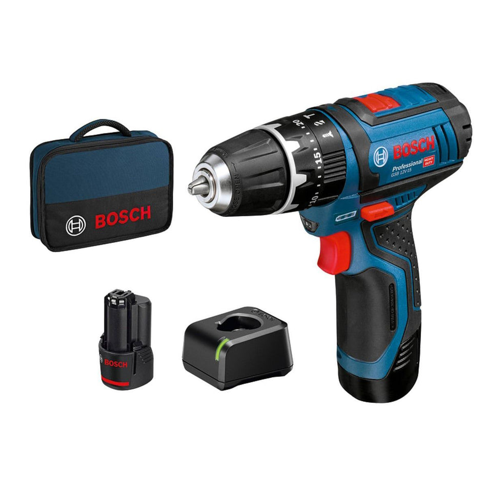 Bosch GSB 12V-15 Professional Combi Drill with 2 x 2.0Ah Batteries & Charger in Case 06019B697J