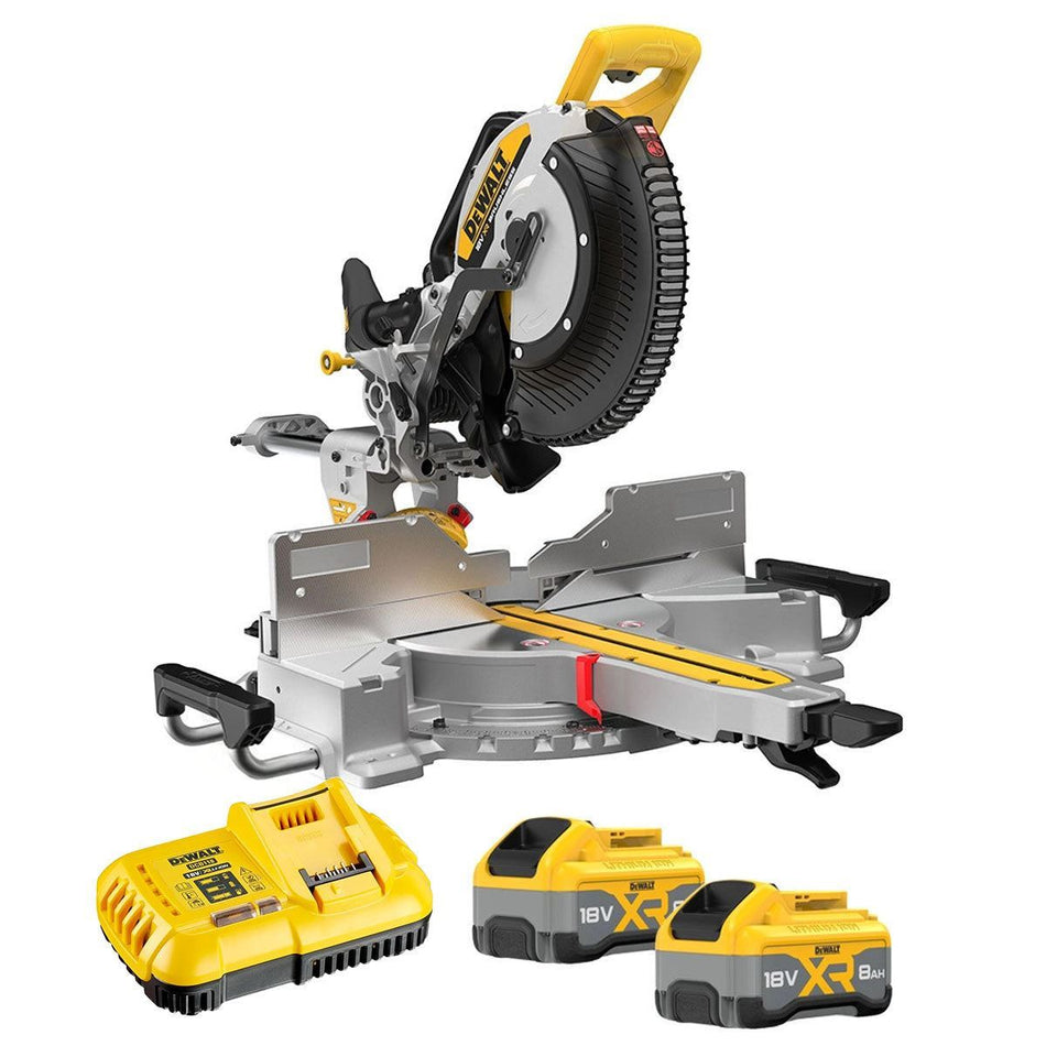 DeWalt DCS782XW2-GB 18V XR Brushless 305mm Double Bevel Slide Mitre Saw with 2 x 8.0Ah Battery & Charger