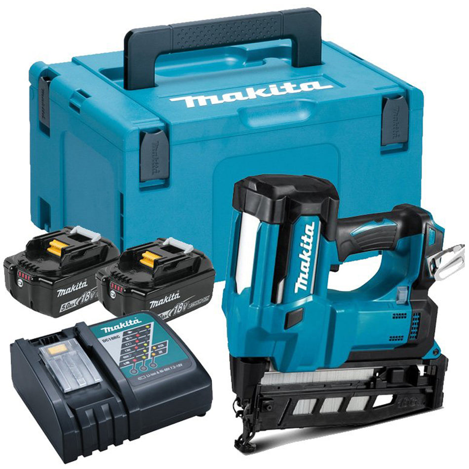 Makita DBN600RTJ 18V Second Fix 16Ga Straight Finish Nailer With 2 x 5.0Ah Batteries Charger In Case Item Condition Box Opened Never Used