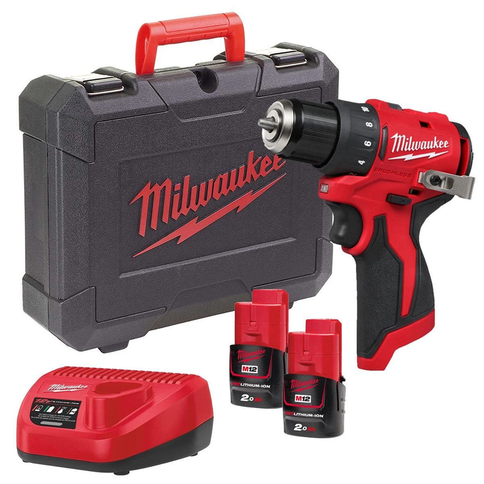 Milwaukee M12BLDDRC-202C 12V Brushless Drill Driver with 2 x 2.0Ah Battery Charger & Case 4933499687