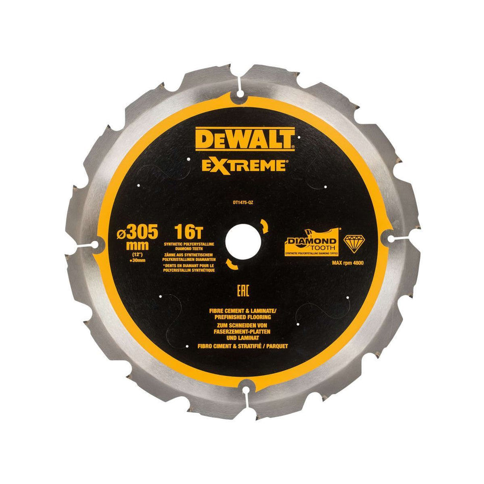 DeWalt DT1475QZ Extreme PCD Fibre Cement Saw Blade 305mm x 30mm, 16 Teeth for Precision Cutting