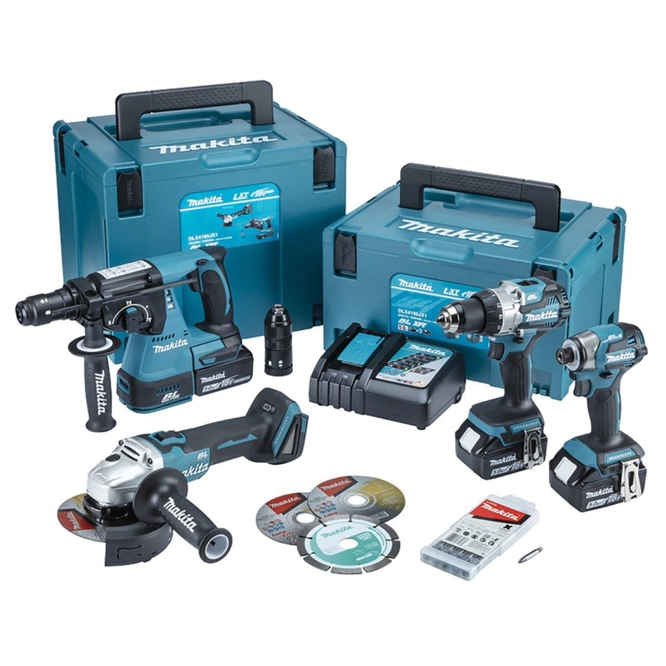 Makita DLX4195JX1 18V LXT Brushless 4 Piece Combo Kit with 3 x 5.0Ah Battery, Charger & 2 x Case