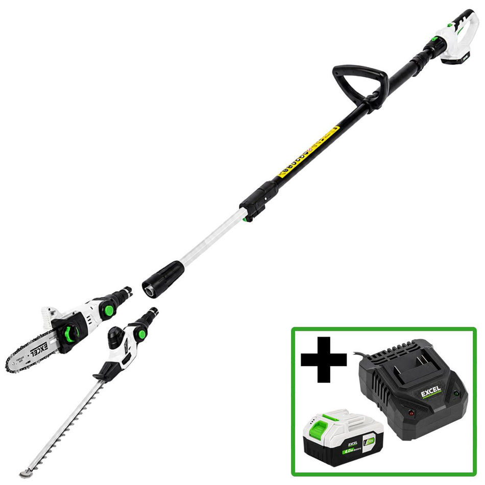 Excel 20V 2-in-1 Pole Hedge Trimmer & Chainsaw with 1 x 4.0Ah Battery, Charger