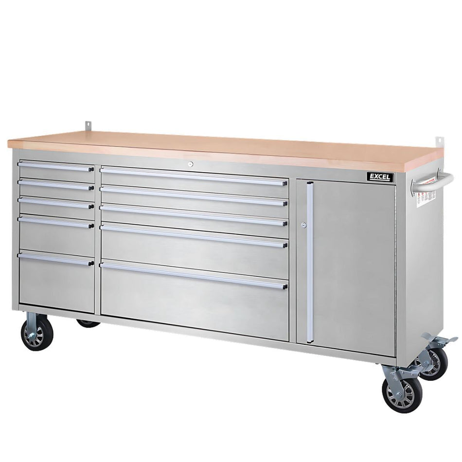 Excel 72" 10 Drawer Stainless Steel Roller Cabinet & Heavy Duty Workbench