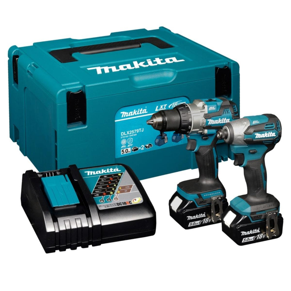 Makita DLX2579TJ 18V LXT Brushless Twin Pack Combi Drill & Impact Driver with 2 x 5.0Ah Batteries, Charger & Case