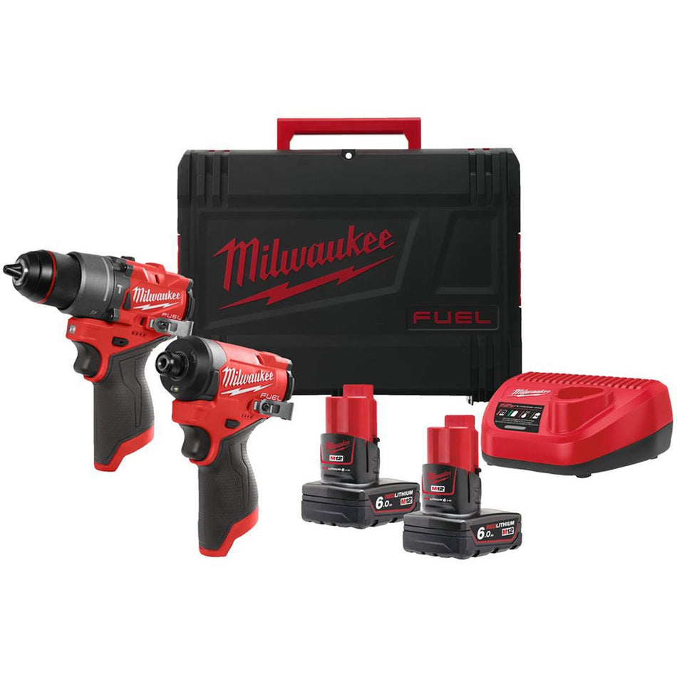 Milwaukee M12FPP2A2-602X 12V Fuel Brushless Combi Drill & Impact Driver with 2 x 6.0Ah Battery Charger & Case 4933480589