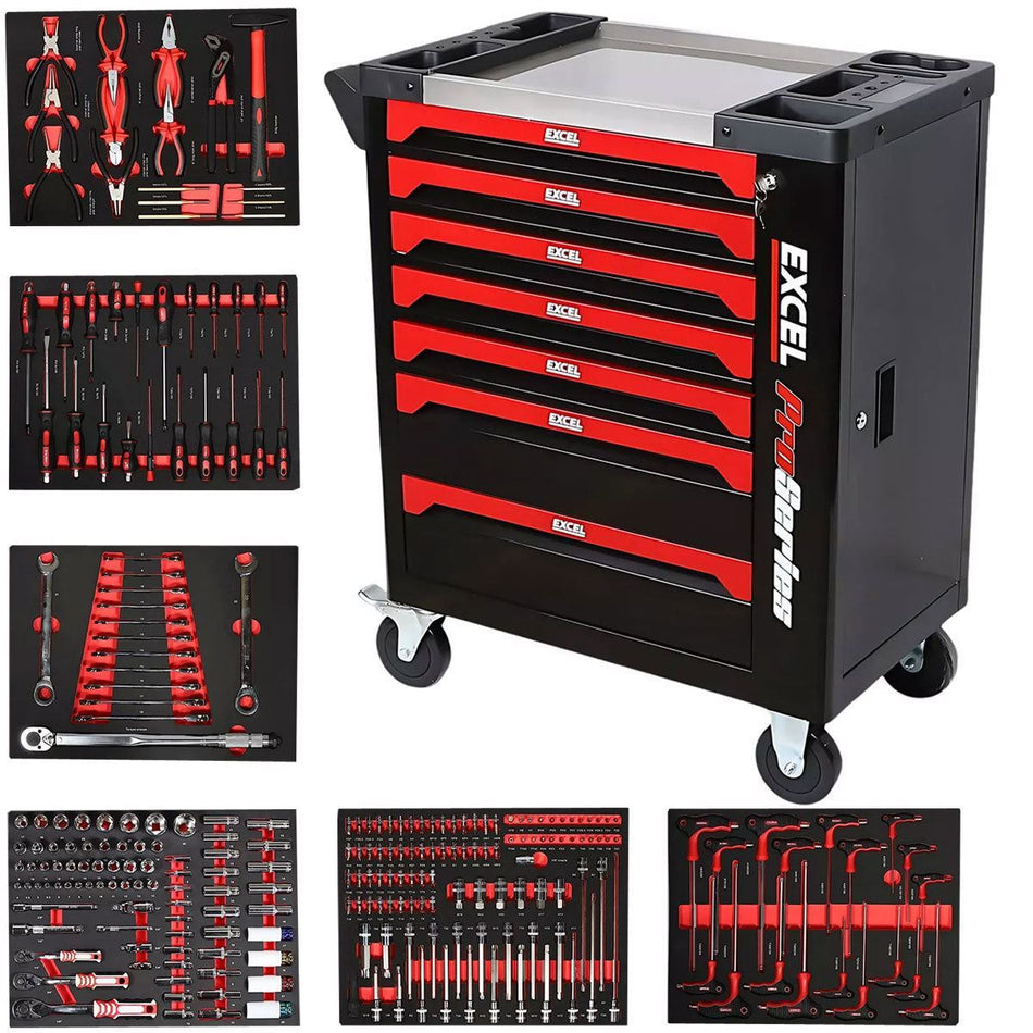 Excel 30" 7 Drawer Tool Chest Storage Roller Cabinet with 249 Piece Tool Set