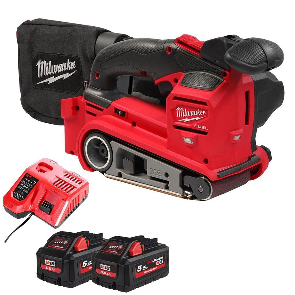 Milwaukee M18FBTS75-552 M18 FUEL 18V Brushless 75mm Belt Sander with 2 x 5.5Ah Battery & Charger