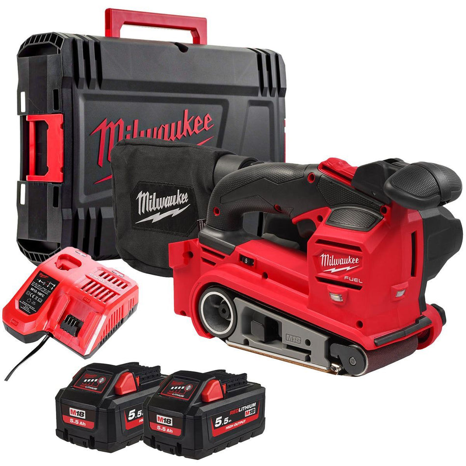 Milwaukee M18FBTS75-552X M18 FUEL 18V Brushless 75mm Belt Sander with 2 x 5.5Ah Battery, Charger & Case 4933479616