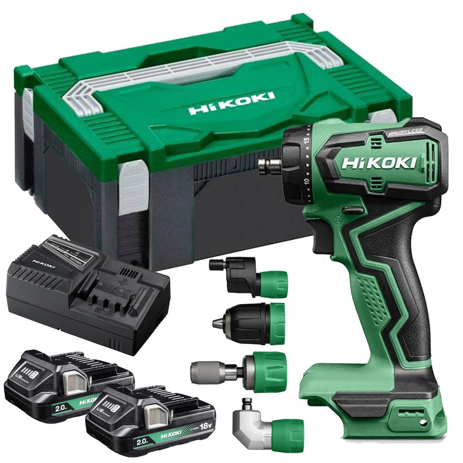 HiKOKI DS18DDQJRZ 18V Brushless Drill Driver with 2 x 2.0Ah Batteries, Charger, 4 x Tool Attachments & Case