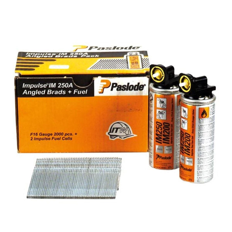 Paslode IM65A 45mm 16 Gauge 2000 Angled Electro Galvanised Brad Nails With 2 Fuel Cells 300272