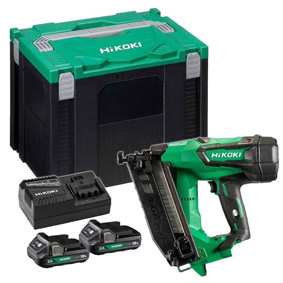 HiKOKI NT1865DMBJYZ 18V Brushless 16G Angled Finish Nailer with 2 x 2.0Ah Battery, Charger & Case
