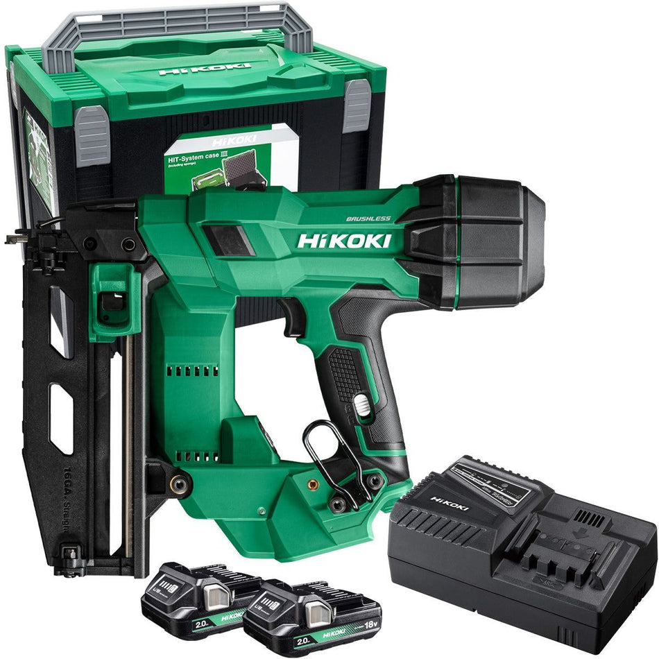 Hikoki NT1865DSAJXZ 18V Brushless 2nd Generation 16G Straight Finishing Nailer with 2 x 2.0Ah Battery Charger & Case