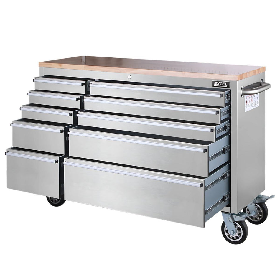 Excel 55" 10 Drawer Stainless Steel Roller Tool Cabinet & Workbench
