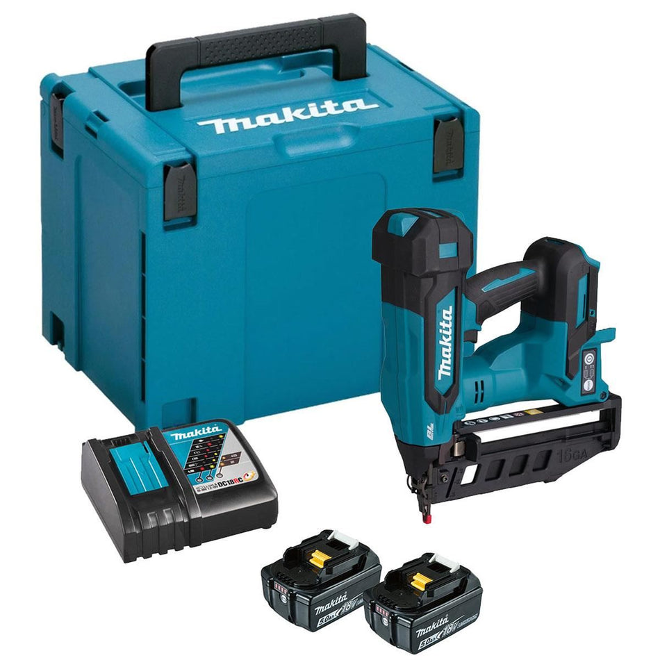 Makita DBN601RTJ 18V LXT 16Ga Brushless Straight Finishing Nailer With 2 x 5.0Ah Battery, Charger & Case