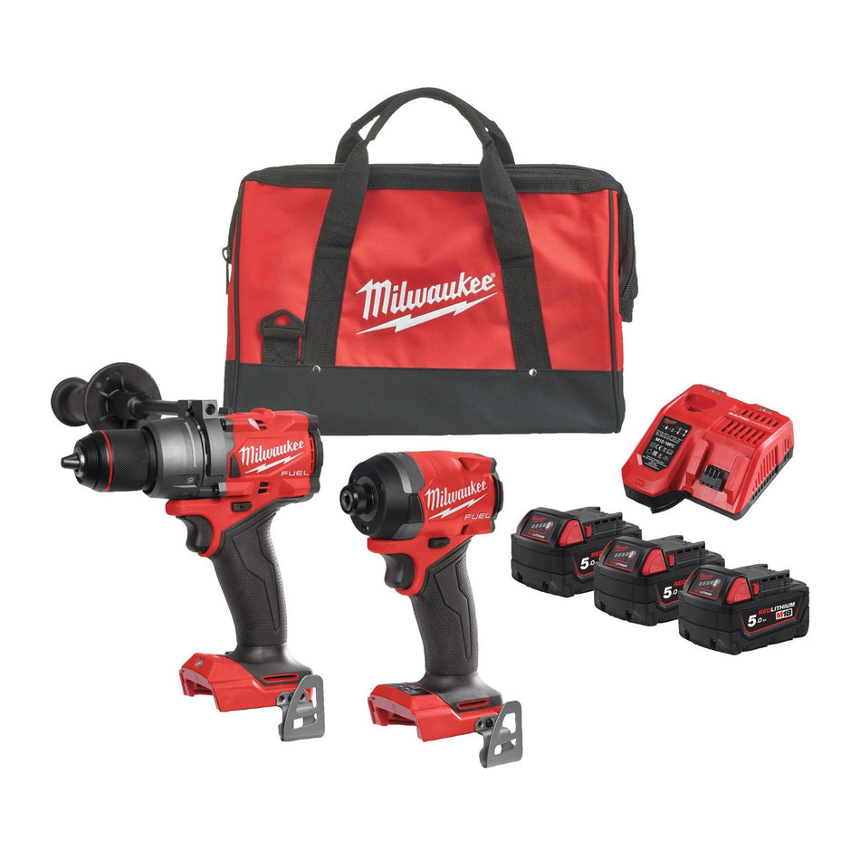 Milwaukee M18FPP2A3-503B 18V Fuel Brushless Combi Drill + Impact Driver with 3 x 5.0Ah Battery Charger & Bag 4933501775