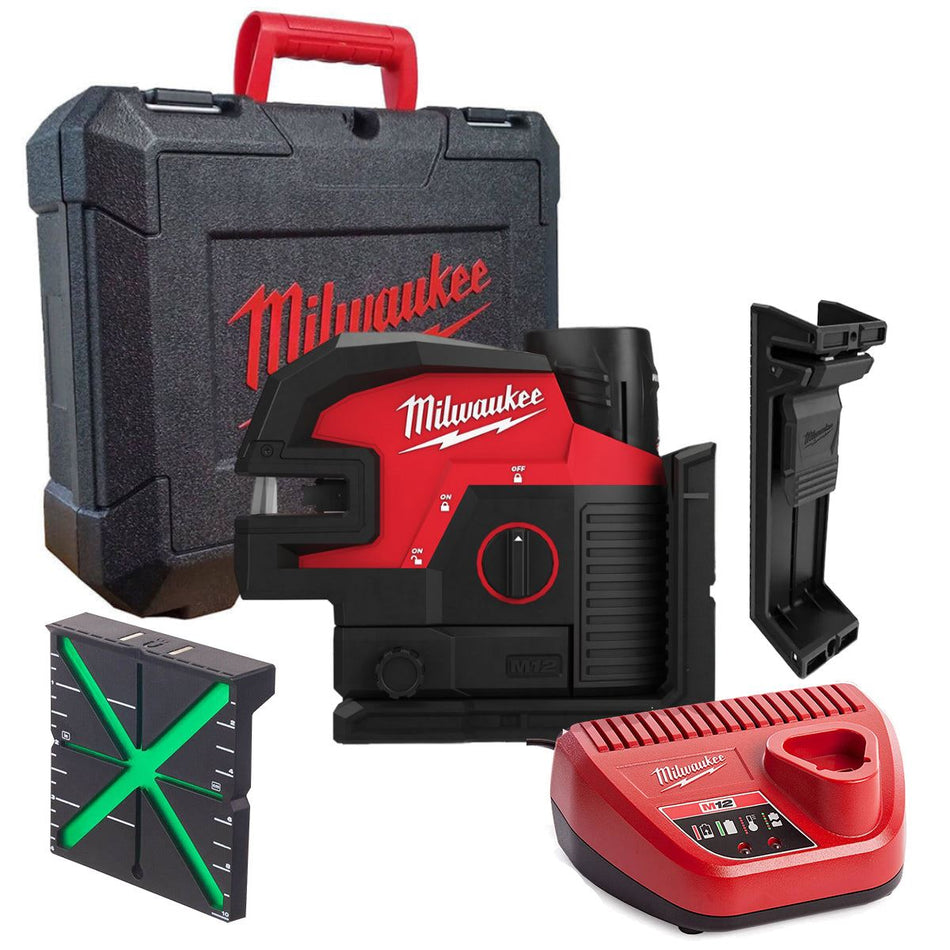 Milwaukee M12CLL4P-301C 12V 4 Points Green Cross Line Laser with 1 x 3.0Ah Battery, Charger & Case 4933479204