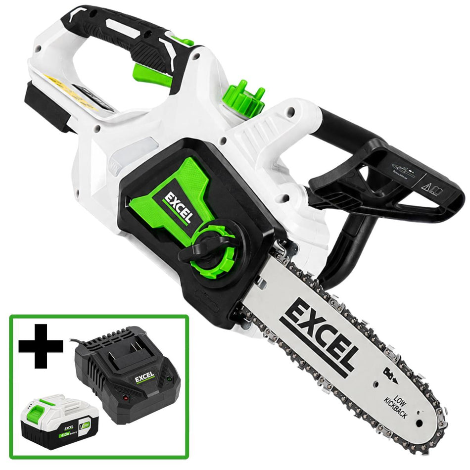 Excel 20V 10" Chainsaw with Tool-Free Chain Tensioning & 1 x 4.0Ah Battery, Charger